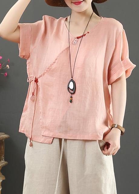 Natural o neck Button Down linen tunic pattern Inspiration pink tops - SooLinen