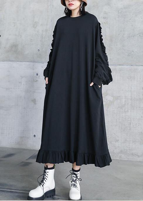 Natural o neck Ruffles quilting dresses Work black Maxi Dresses - SooLinen