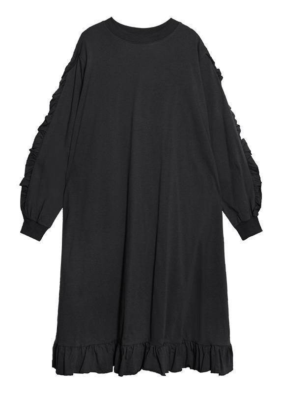 Natural o neck Ruffles quilting dresses Work black Maxi Dresses - SooLinen