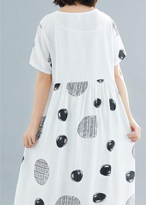 Natural o neck asymmetric cotton clothes Work white dotted Traveling Dresses summer - SooLinen
