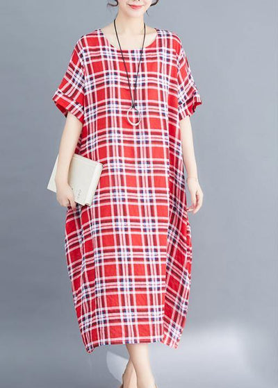 Natural o neck cotton clothes For Women Fabrics red plaid Maxi Dress summer - SooLinen