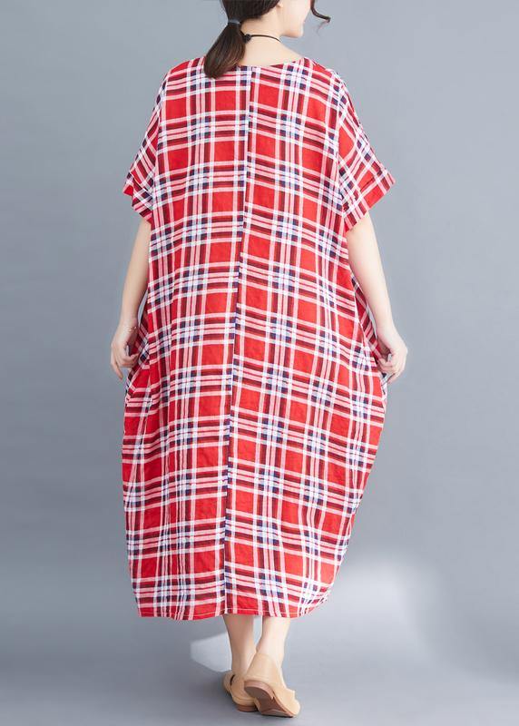Natural o neck cotton clothes For Women Fabrics red plaid Maxi Dress summer - SooLinen