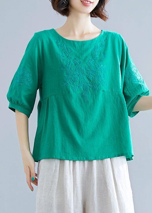 Natural o neck embroidery cotton clothes Outfits green blouses summer - SooLinen