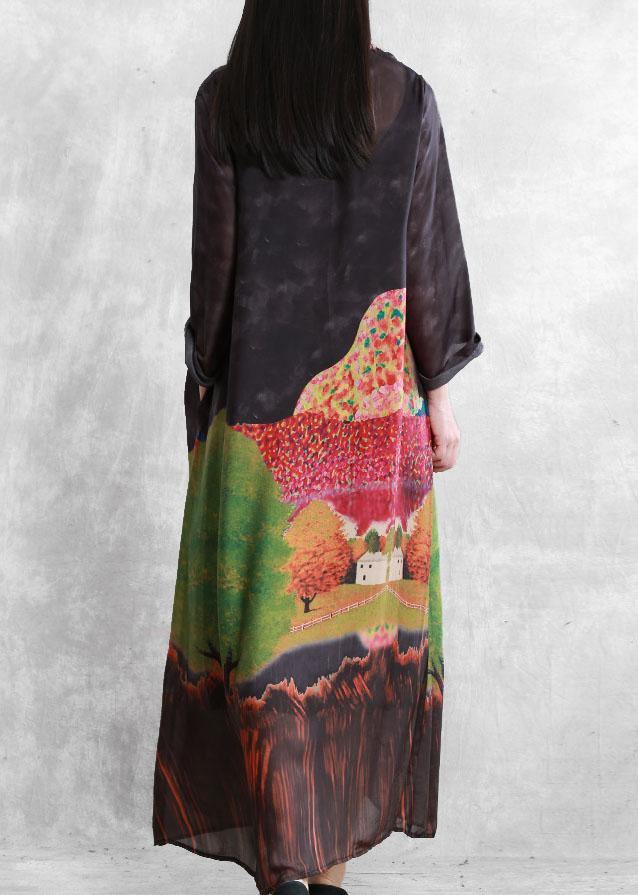 Natural o neck fall Tunics Catwalk black print Robe Dresses - SooLinen