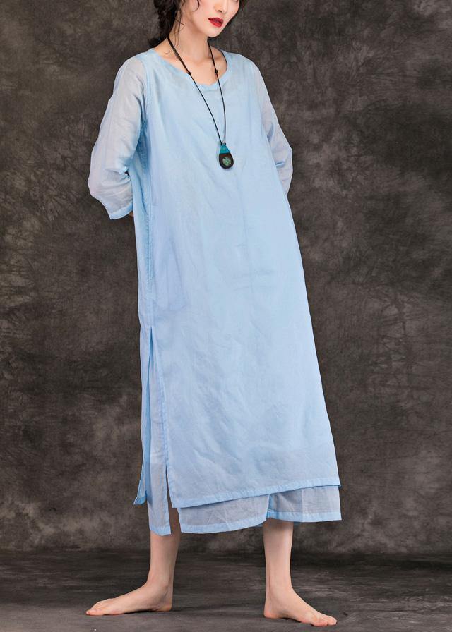 Natural o neck half sleeve cotton Tunics Work light blue Traveling Dress summer - SooLinen