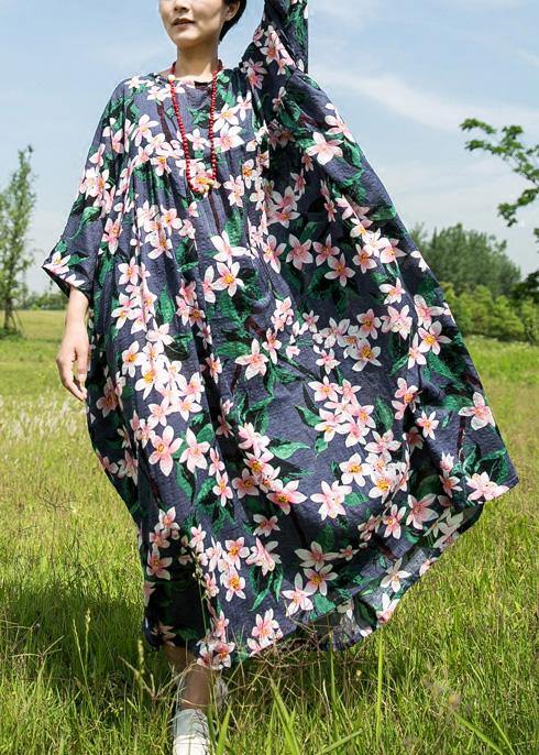 Natural o neck half sleeve cotton linen clothes For Women Fashion Ideas navy print Dress summer - SooLinen