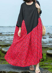 Natural o neck large hem cotton linen dresses black patchwork red print Dresses summer - SooLinen