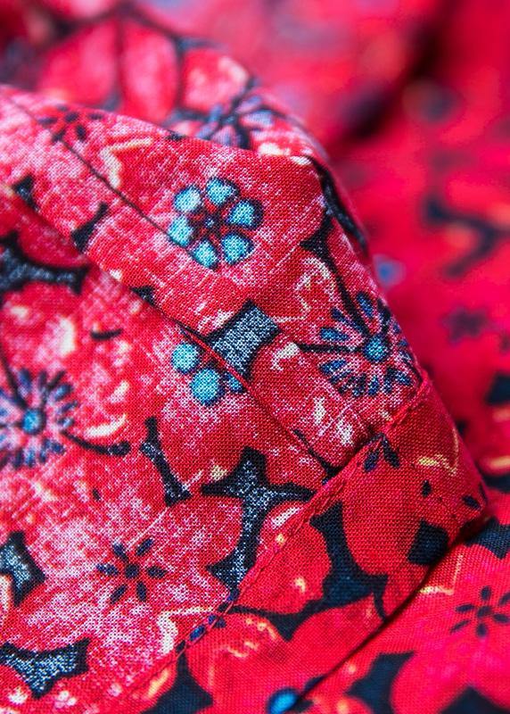 Natural o neck large hem cotton linen dresses black patchwork red print Dresses summer - SooLinen