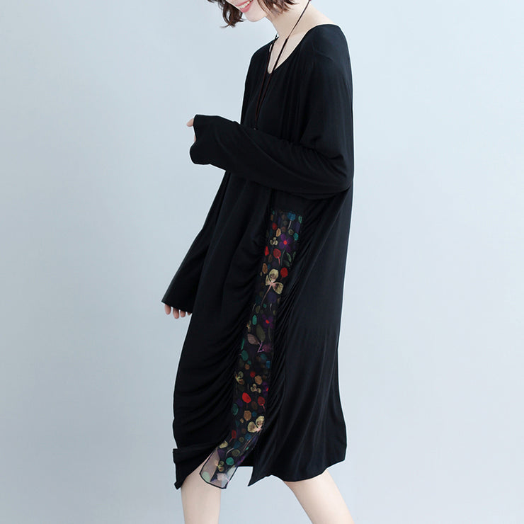 Natural o neck patchwork Cotton Blended Tunics Casual Work black Knee Dress
