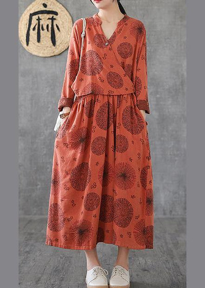 Natural o neck patchwork cotton Tunics orange embroidery long Dress - SooLinen