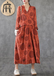 Natural o neck patchwork cotton Tunics orange embroidery long Dress - SooLinen