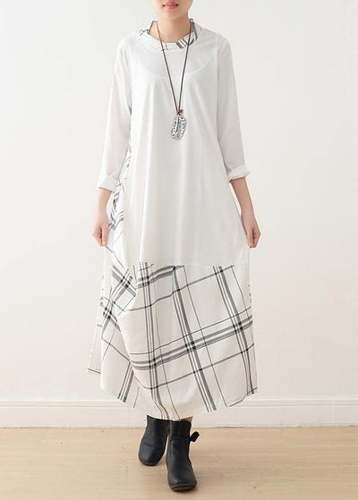 Natural o neck patchwork cotton outfit pattern white long Dress - SooLinen