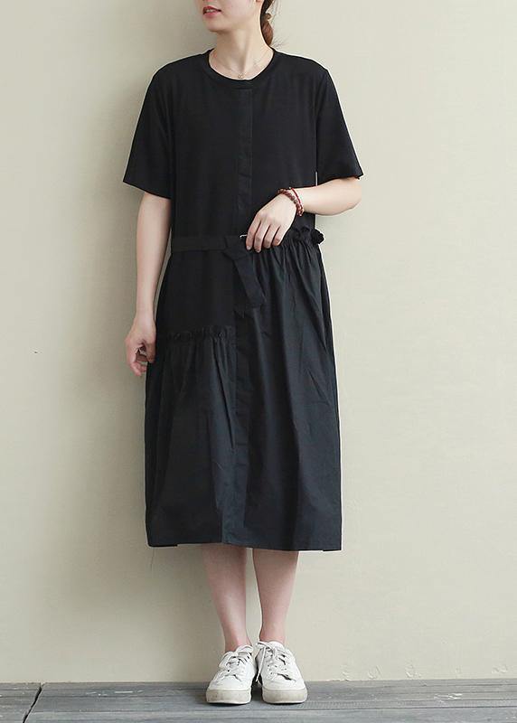 Natural o neck patchwork summer top Outfits black long Dress - SooLinen
