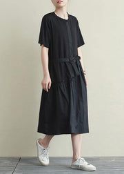 Natural o neck patchwork summer top Outfits black long Dress - SooLinen