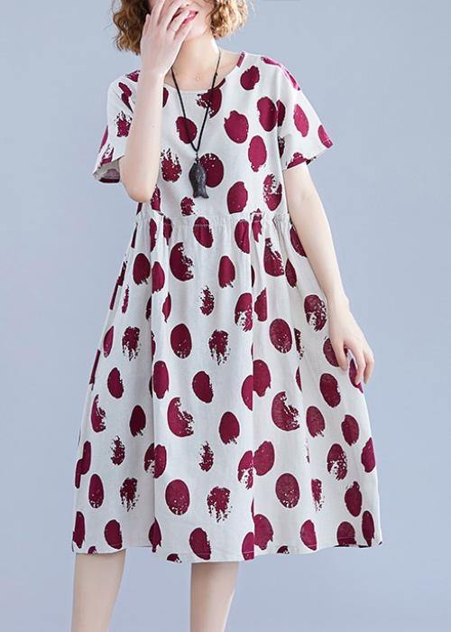 Natural o neck short sleeve Cotton quilting clothes Shape red dotted Dresses - SooLinen