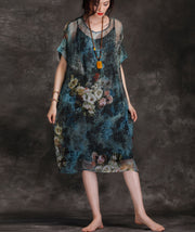 Natürliche Chiffon-Kleider mit O-Ausschnitt Plus Size Fashion Ideas Blaudruck lockeres Kleid Sommer