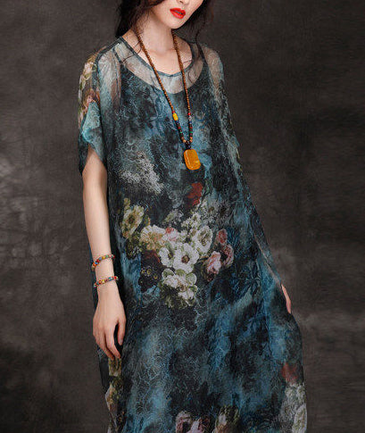 Natural o neck Chiffon dresses Plus Size Fashion Ideas blue print loose Dress Summer