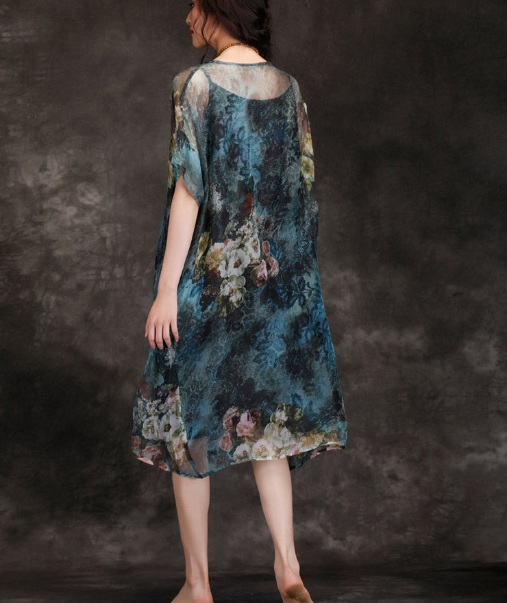 Natürliche Chiffon-Kleider mit O-Ausschnitt Plus Size Fashion Ideas Blaudruck lockeres Kleid Sommer