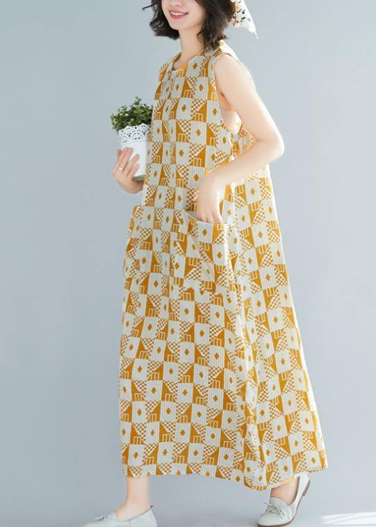 Natural o neck sleeveless cotton summer clothes Women yellow Geometric Kaftan Dresses - SooLinen