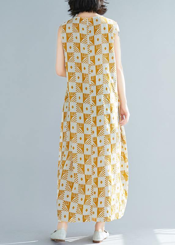 Natural o neck sleeveless cotton summer clothes Women yellow Geometric Kaftan Dresses - SooLinen