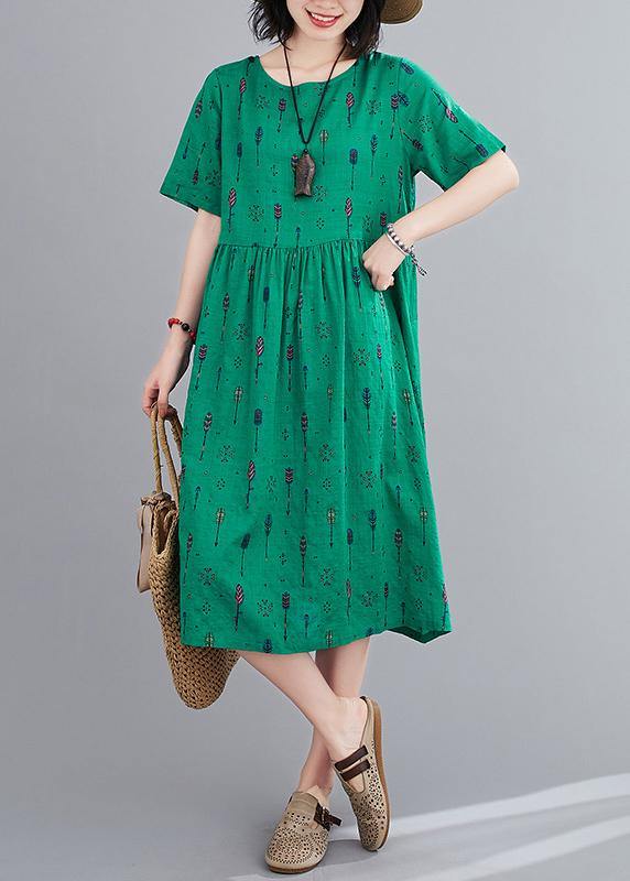 Natural o neck summer Sewing green print long Dress - SooLinen