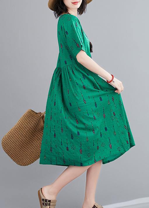 Natural o neck summer Sewing green print long Dress - SooLinen