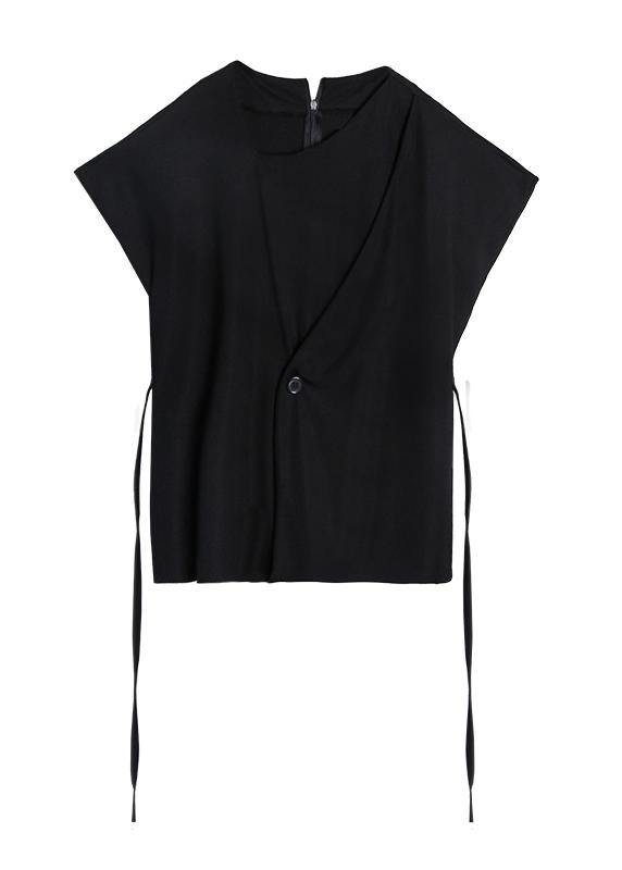 Natural o neck tie waist Blouse Neckline black shirt - SooLinen