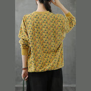 Natural o neck top Cotton yellow Plant printing shirt - SooLinen
