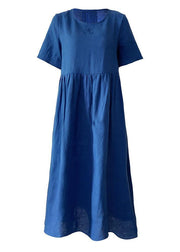 Natural o neck Cinched linen summer dresses Fabrics blue Dress - SooLinen