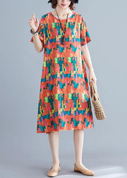 Natural orange print Cotton Wardrobes o neck pockets shift summer Dress - SooLinen