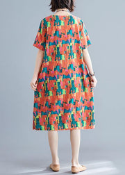 Natural orange print Cotton Wardrobes o neck pockets shift summer Dress - SooLinen