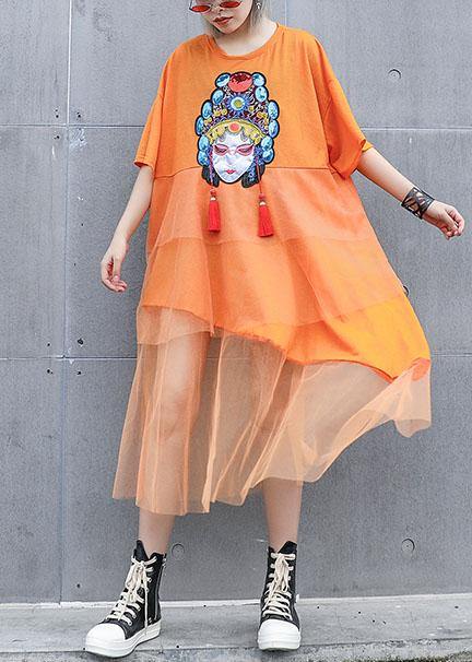 Natural orange prints cotton clothes For Women patchwork tulle loose summer Dresses - SooLinen
