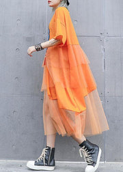 Natural orange prints cotton clothes For Women patchwork tulle loose summer Dresses - SooLinen