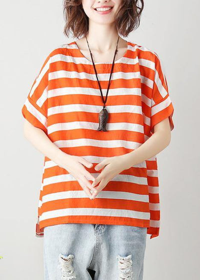 Natural orange striped cotton blouses for women o neck Batwing Sleeve Art top - SooLinen