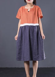 Natural patchwork color linen dresses Shape orange v neck Dress summer - SooLinen