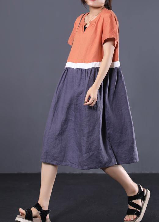 Natural patchwork color linen dresses Shape orange v neck Dress summer - SooLinen