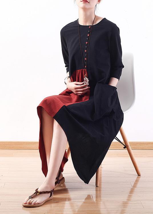 Natural patchwork cotton dresses Wardrobes black bracelet sleeved Plus Size Dress summer - SooLinen