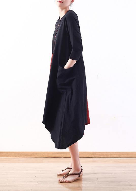 Natural patchwork cotton dresses Wardrobes black bracelet sleeved Plus Size Dress summer - SooLinen