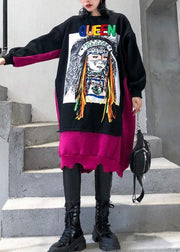 Natural patchwork cotton winter Tunic Fashion Ideas black Cartoon print Dresses - SooLinen