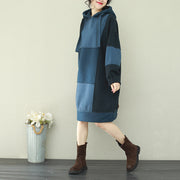 Natural patchwork hooded Cotton quilting dresses 2019 blue Midi Dress