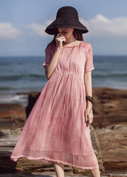 Natural pink cotton quilting clothes short sleeve loose summer Dress - SooLinen