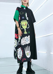 Natural prints cotton clothes Sewing black patchwork long Dress summer - SooLinen