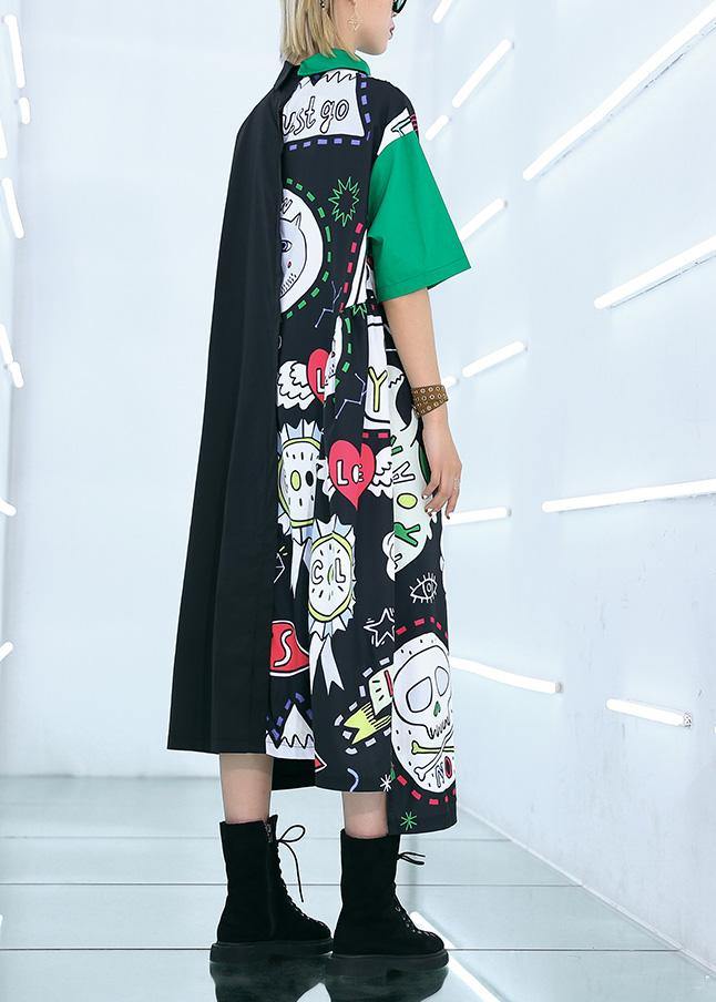 Natural prints cotton clothes Sewing black patchwork long Dress summer - SooLinen