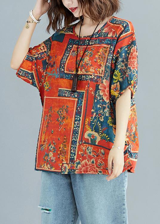 Natural prints cotton tunic pattern o neck short sleeve linen daily summer blouse - SooLinen