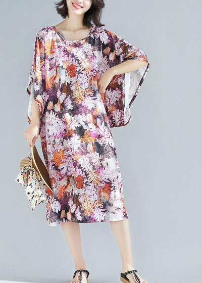 Natural purple print Cotton clothes Women o neck A Line summer Dresses - SooLinen