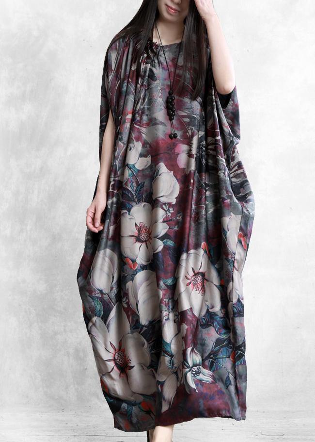 Natural purple print clothes For Women o neck Batwing Sleeve robes Dresses - SooLinen