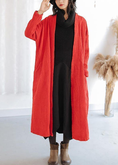 Natural red Plus Size trench coat Outfits pockets fall women coats - SooLinen