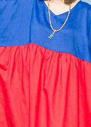 Natural red blue linen Robes patchwork o neck Plus Size summer Dresses - SooLinen