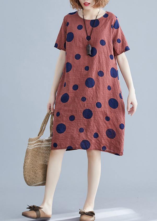 Natural red dotted Cotton dress o neck pockets shift Dres - SooLinen