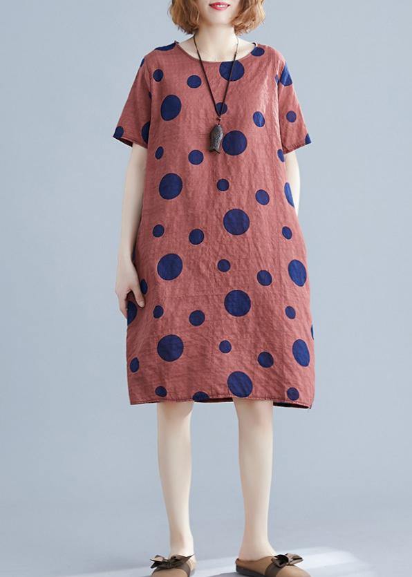 Natural red dotted Cotton dress o neck pockets shift Dres - SooLinen